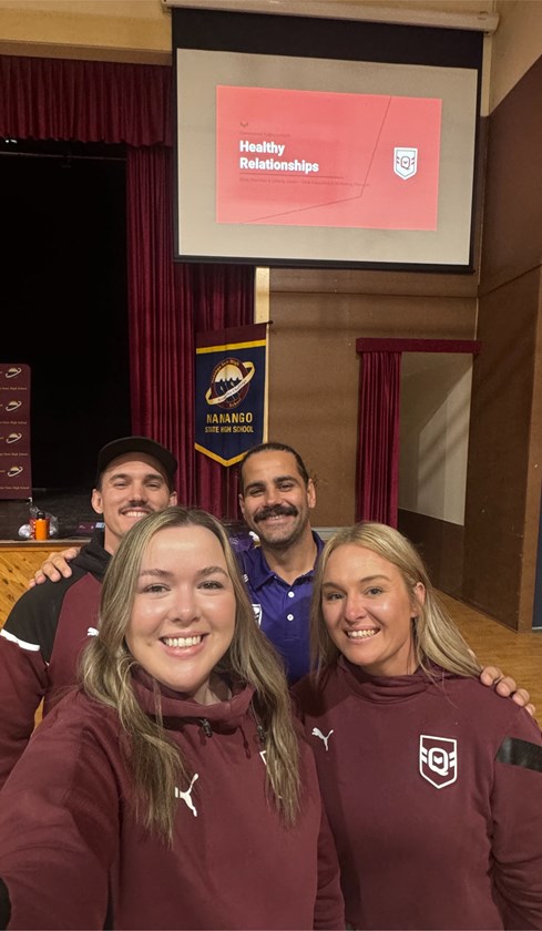QRL Club Education team members (L-R) Dave Sheridan (Wellbeing Manager, South East), Liberty Jones (Diversity & Inclusion manager), Ryan Charles (Wellbeing Manager - Central) and Nicky Thomas (Wellbeing Manager - North) at Nanango State High School.