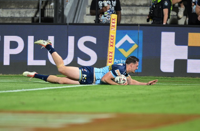 Paskins scores in the 2024 grand final. Photo: Zain Mohammed/QRL