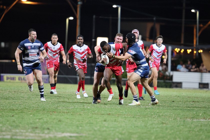 Action from the men's A grade preliminary final - Brothers v Emu Park. Photo: Boothy's Action Photo Art