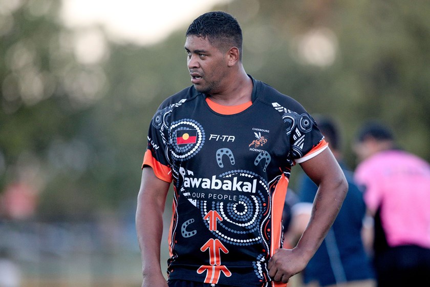 A Cherbourg Hornets player competes in the 2017 Awabakal All Stars interstate challenge. Photo: NRL Photos