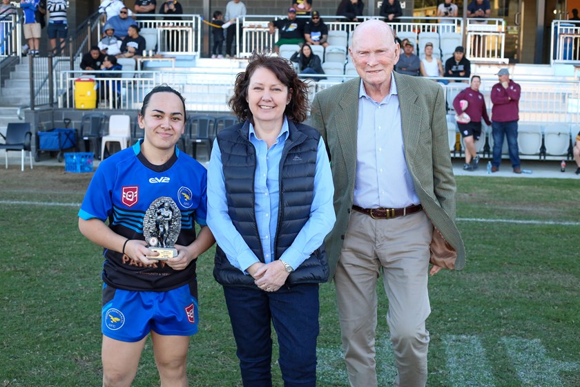Hura with the player of the match award alongside Holcim's Pauline Elliott and QRL chairman Bruce Hatcher. Photo: Jacob Grams/QRL
