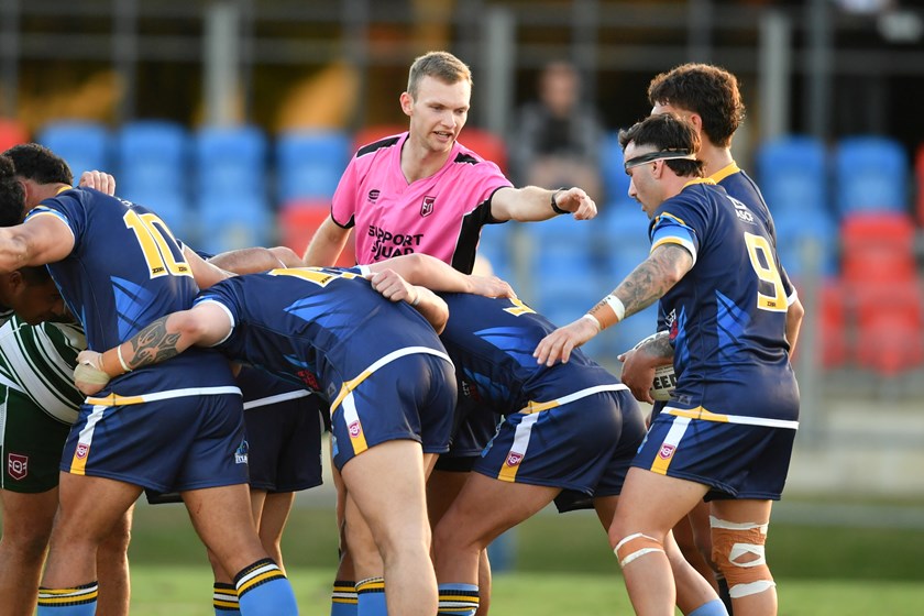 XXXX City v Country men's referee Cody Kwik officiating in Mal Meninga Cup earlier this year.