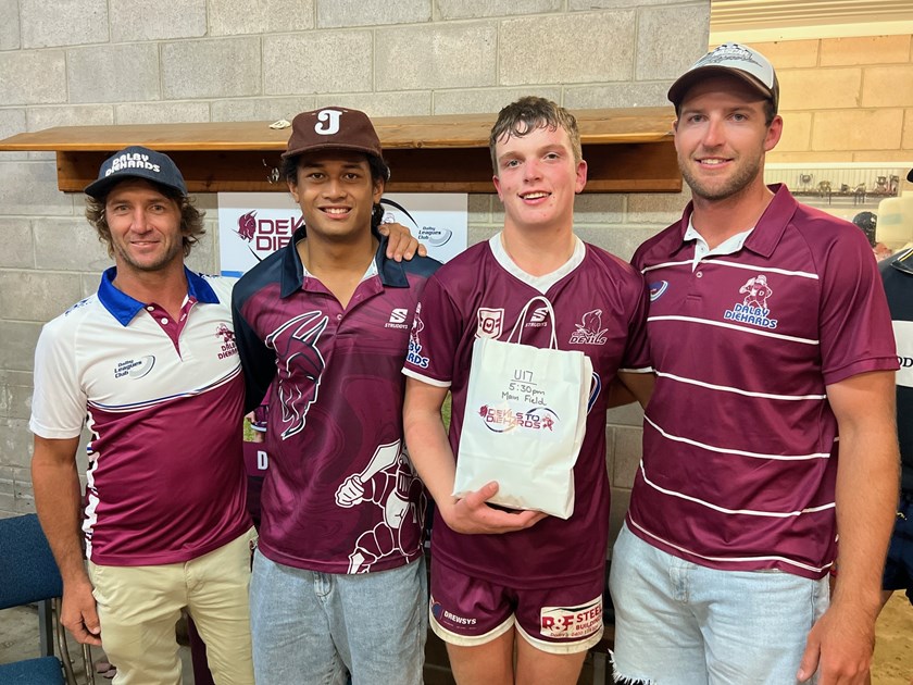 Dalby Devils under 17 player Preston Bice receives the Devils to Diehards Player of the Match Award from Dalby Diehards vice captain Danny Wassell, Lyucian King-Togia and Mitchell Taylor. All came through as Devils juniors. Photo: Supplied