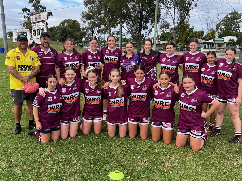 Dalby Devils Under 15 girls were coached by Dalby Diehards Under 19 coach Ben O'Callaghan during their game against Valleys at the weekend assisted by the Diehards' most capped player Luke Cubby. Photo: Supplied