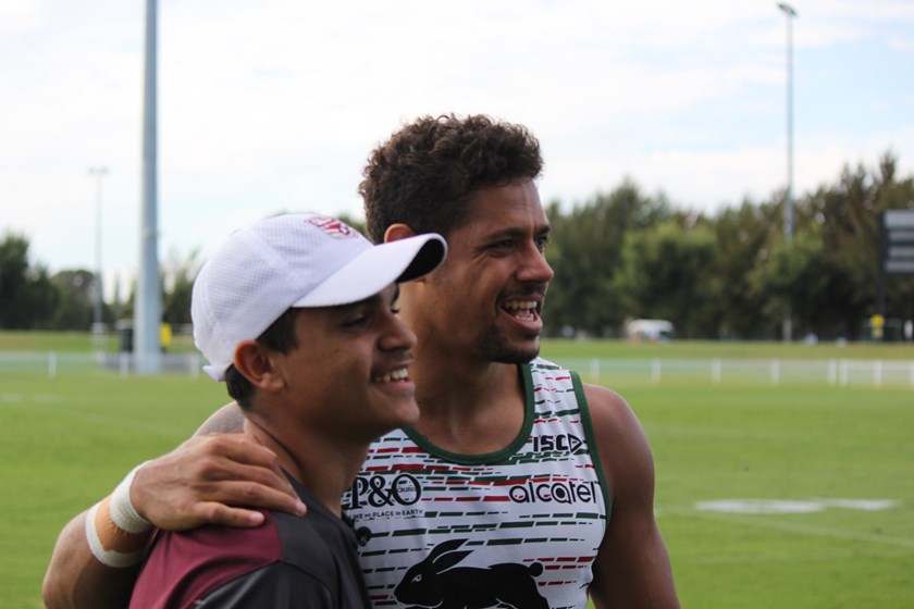 Tyreice Baira-Gela has his photo taken with Queensland and Rabbitohs star Dane Gagai. Photo: QRL Media