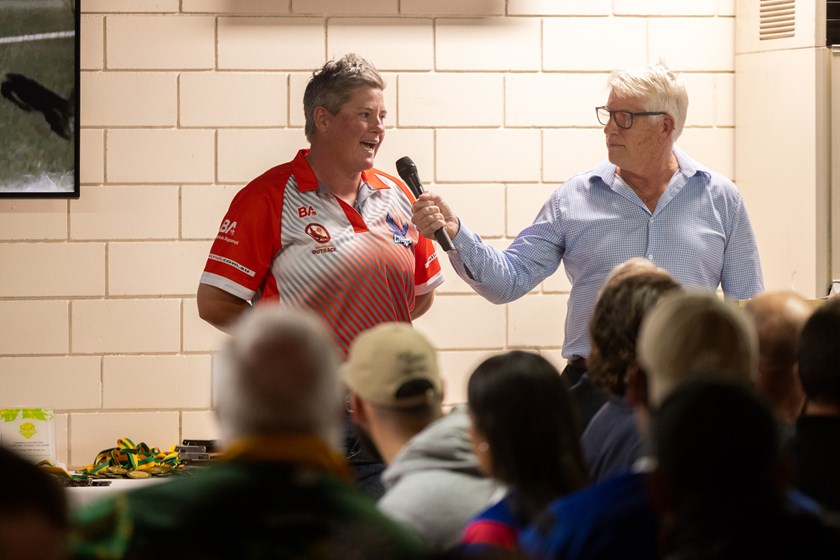 Queensland Outback women's coach Heather Ballinger speaks to QRL Central region manager Rob Crow at the Outback Senior Muster in Cloncurry.