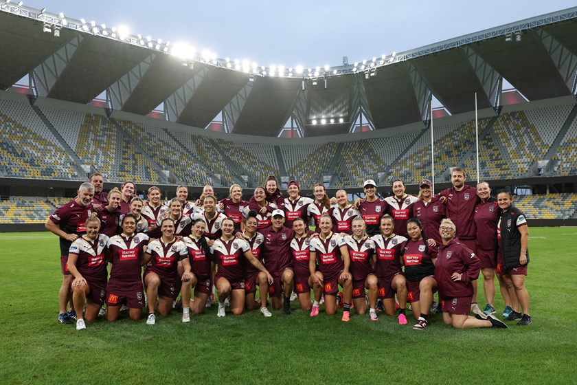 The 2024 Maroons squad and staff, including Crispin. Photo: Gaby Barns/QRL