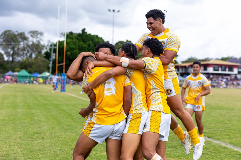 Niue under 18s celebrate a try. Photo: Erick Lucero/QPICC