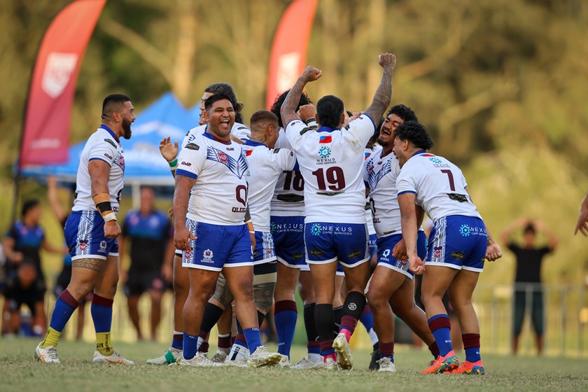 Rugby League Samoa Queensland's Open Men celebrate. Photo: Montanna Bailey/QPICC