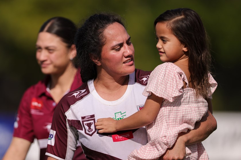 Tazmin Gray after a Burleigh Bears game with her daughter, Kyan. Photo: Erick Lucero/QRL