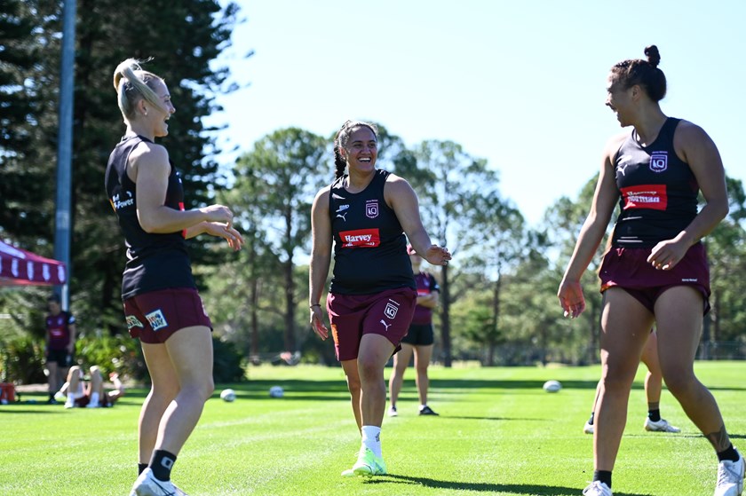Tazmin Gray (centre) with Emma Manzelmann and Jessika Elliston at Harvey Norman Queensland Maroons training. Photo: Zain Mohammed/QRL