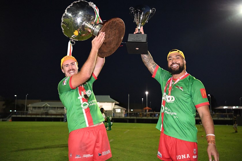 Wynnum Manly Juniors captains James Robinson and Kelepi Faukafa with the BRL trophies. Photo: Vanessa Hafner