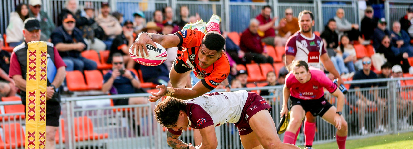 Ronald Philitoga leaps for a try. Photo: Rikki-Lee Arnold/QRL