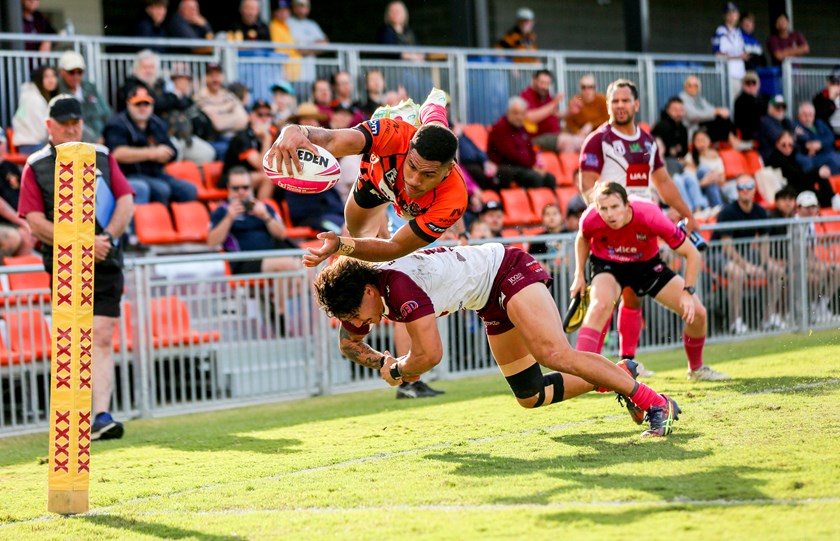 Ronald Philitoga leaps for a try. Photo: Rikki-Lee Arnold/QRL