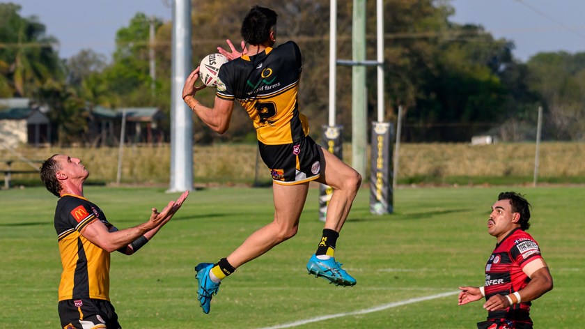 Cameron Bundock leaps high for Gatton in the major semi-final against Valleys. 