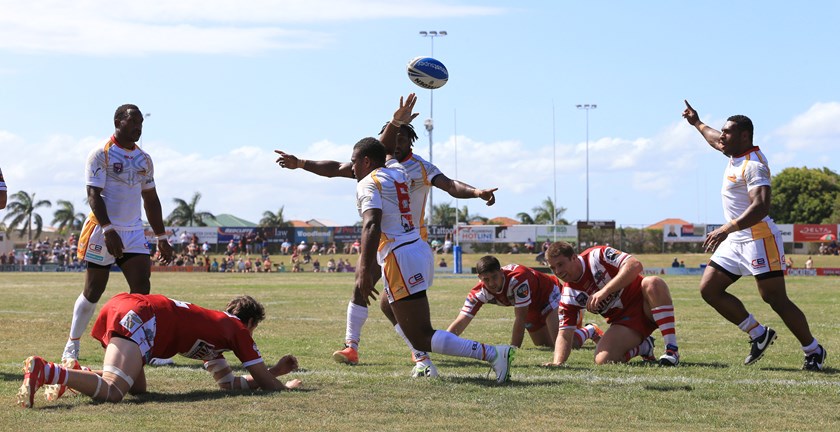 PNG Hunters inaugural captain Israel Eliab scores his club's first ever points in their game against Redcliffe Dolphins. Photo: QRL Media