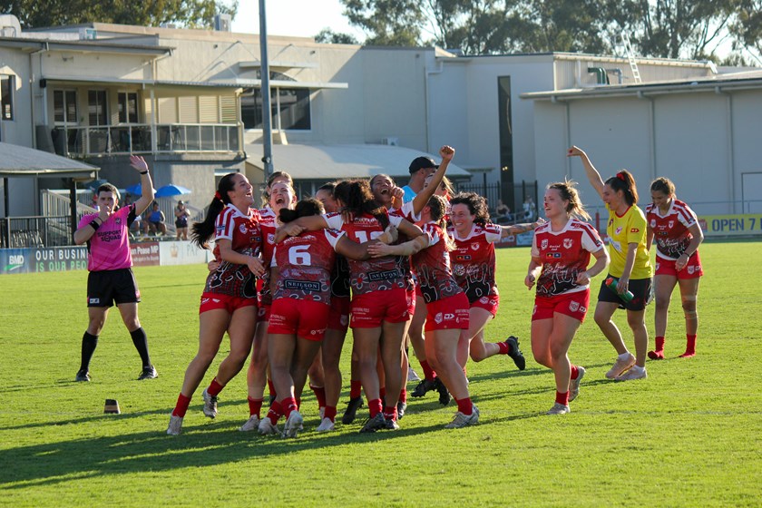 Currumbin Eagles players celebrate as the full-time whistle is blown. Photo: Jacob Grams/QRL