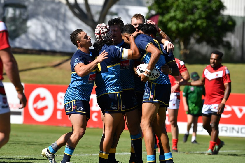 Gold Coast Vikings celebrate one of their two first half tries. Photo: Vanessa Hafner/QRL