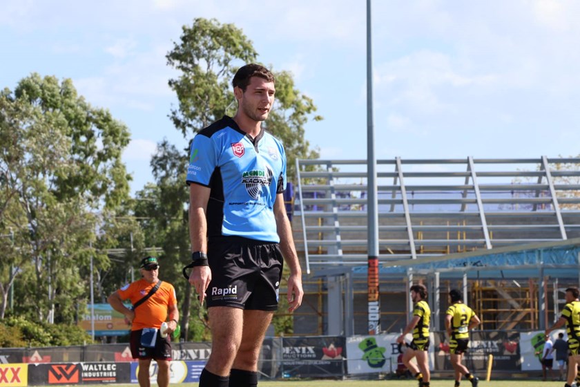 Josh Eaton refereeing during the finals of the Rugby League Townsville & District A grade competition in 2023. Photo: Townsville District Rugby League Referees' Association